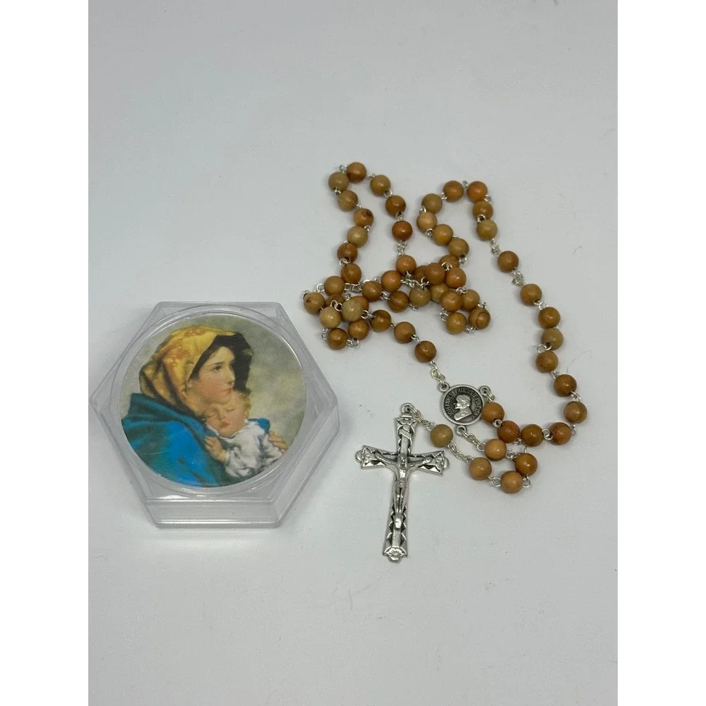 Vintage Rosary Brown Pope John Paul II Wood Bead Italy with Case D9